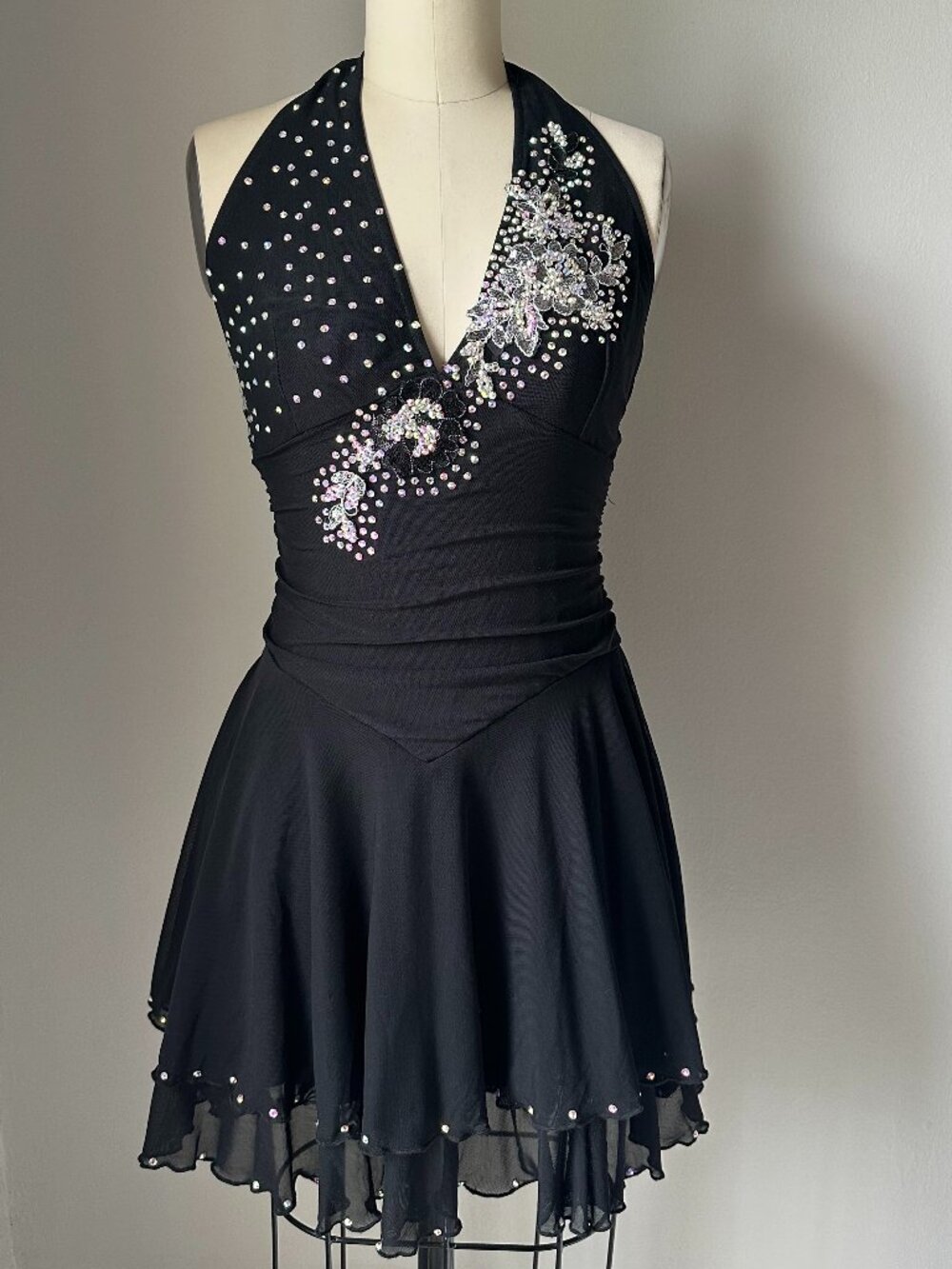 Black Latin Dance Dress w/ Rhinestones + Matching Hair Piece
